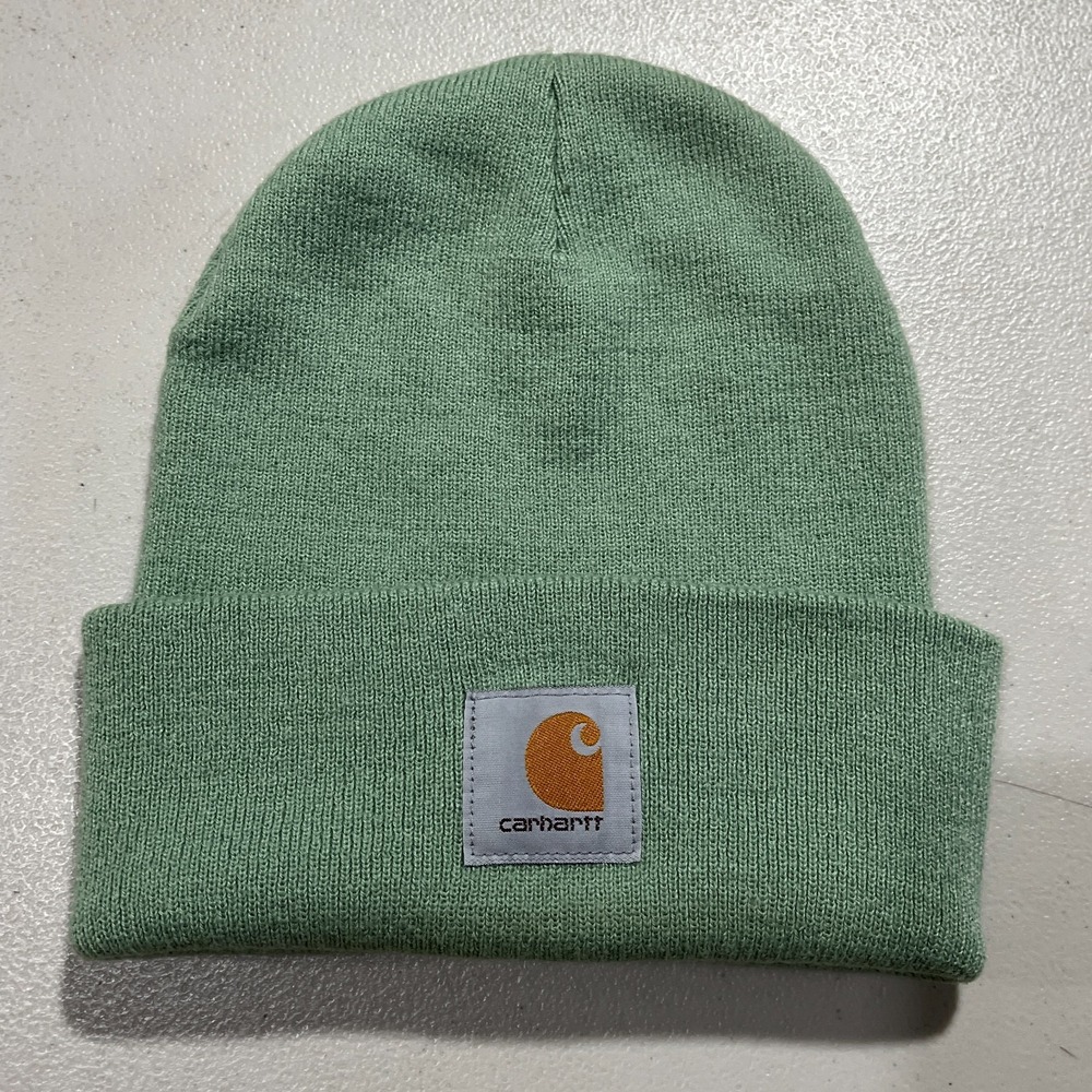 Carhartt A18 Beanie Hat Unisex One Size Green Knit Patch Logo Cuffed Winter Warm